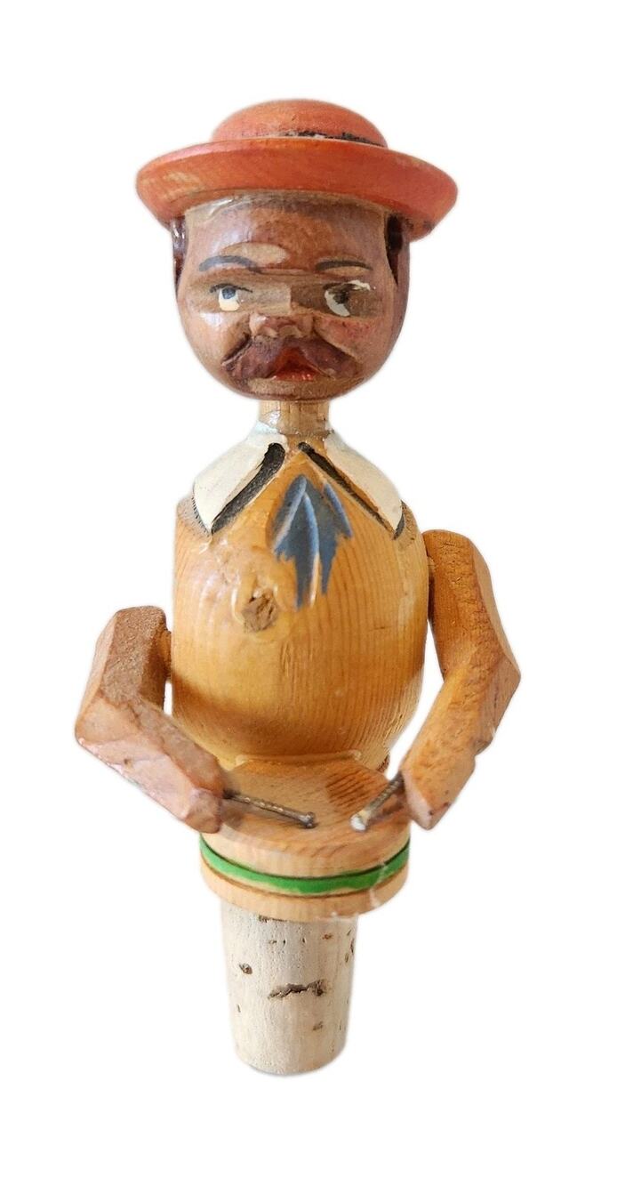 Antique Anri Bottle Stopper Wooden Hand Carved Mechanical Plays Drums - Italy